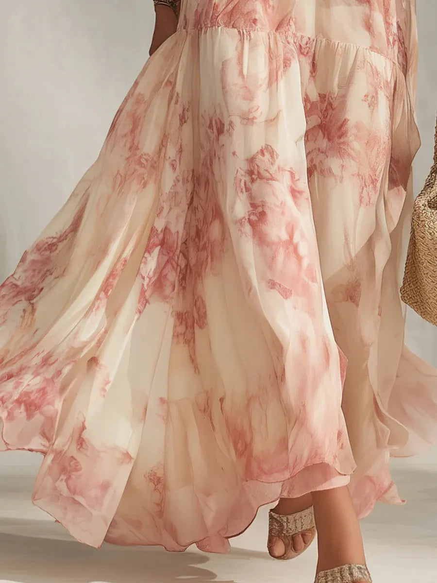 Beige V-neck Floral Print Puff sleeve Flowy Maxi Dress