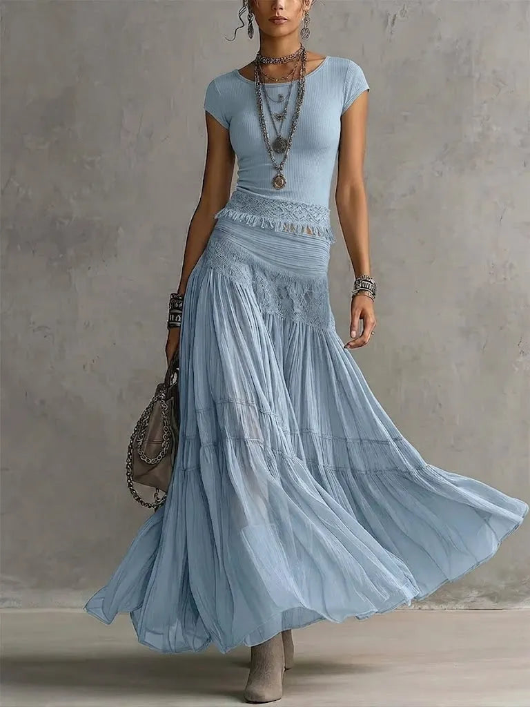 Casual Bohemian Short-sleeve T-shirt And Skirt Two-piece Set