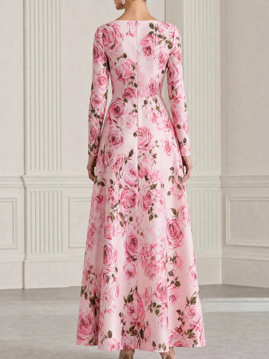 Rose Floral Print Cowl Neck Satin Maxi Evening Dress