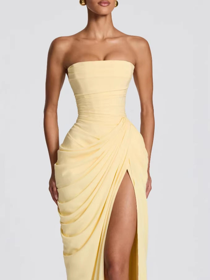 Chiffon Back Lace-up Asymmetrical Pleats Strapless Slit Maxi Dress