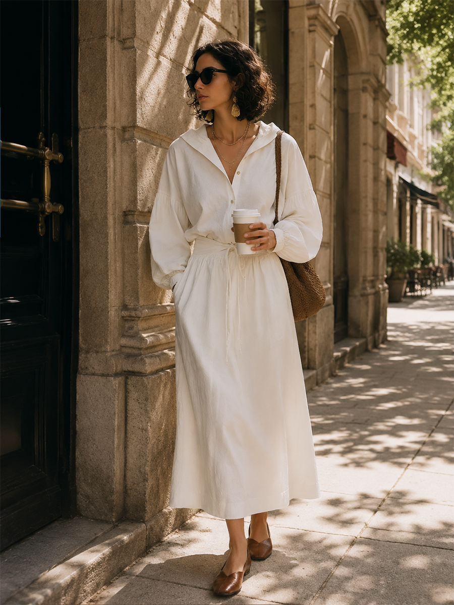 Minimalist White Hooded Drawstring Maxi Dress