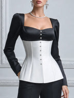 Black White Contrast Corset Satin Long Sleeve Blouse