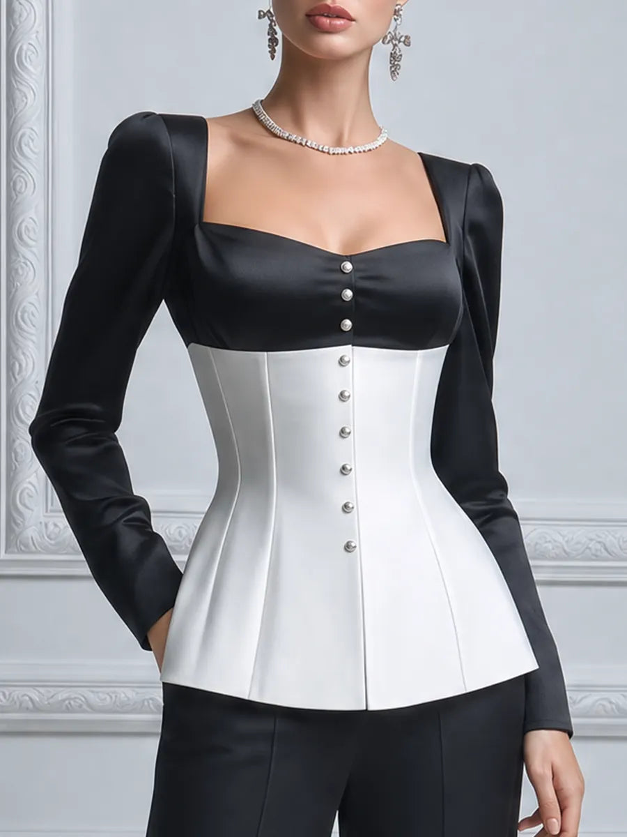 Black White Contrast Corset Satin Long Sleeve Blouse