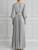 Silver Grey Pleated Maxi Dress With Lace Paneling And Puff Sleeves