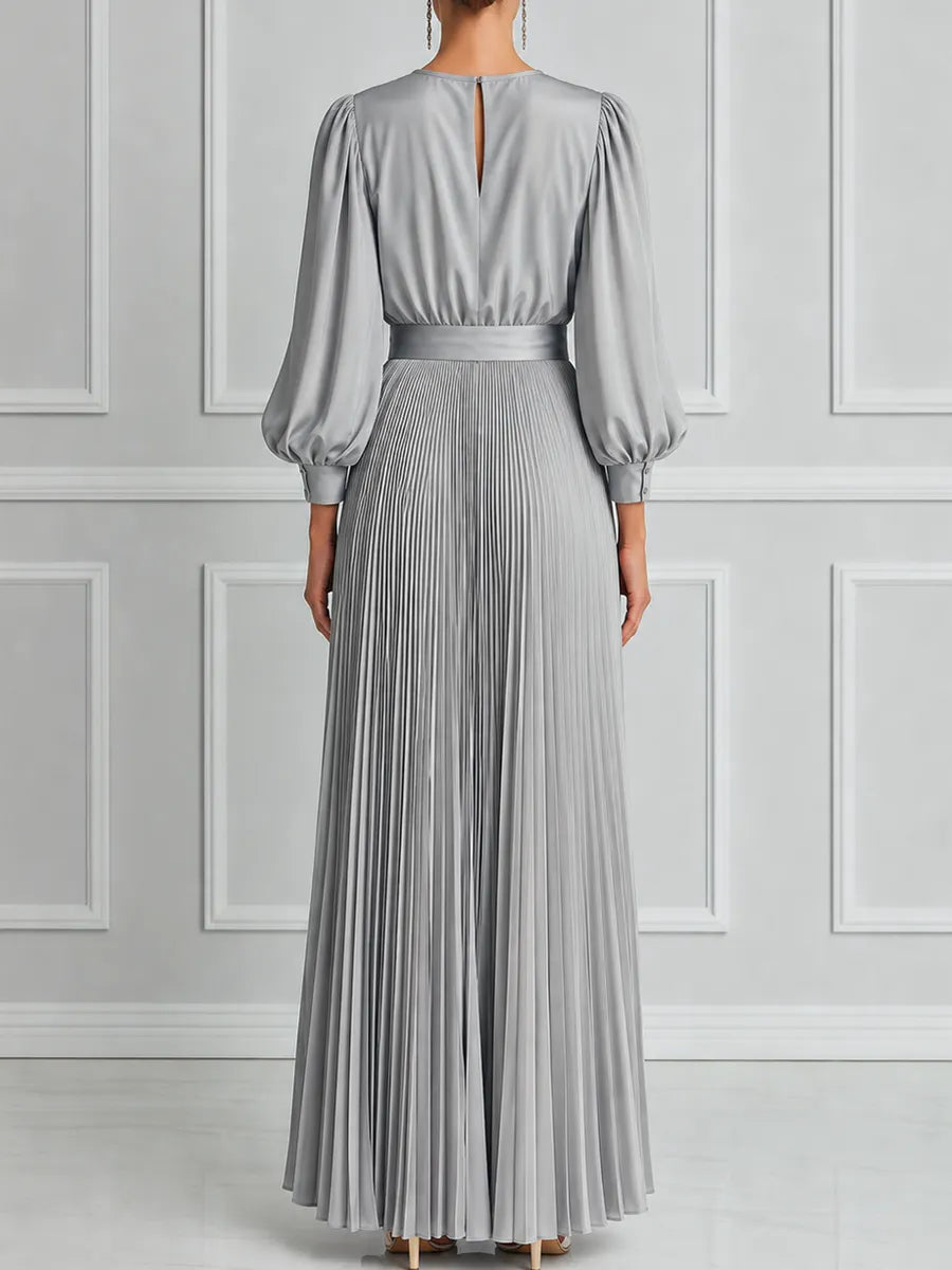 Silver Grey Pleated Maxi Dress With Lace Paneling And Puff Sleeves
