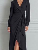 Black Dress Fall Wedding Guest Dress Wrap Ruffle Midi Dress