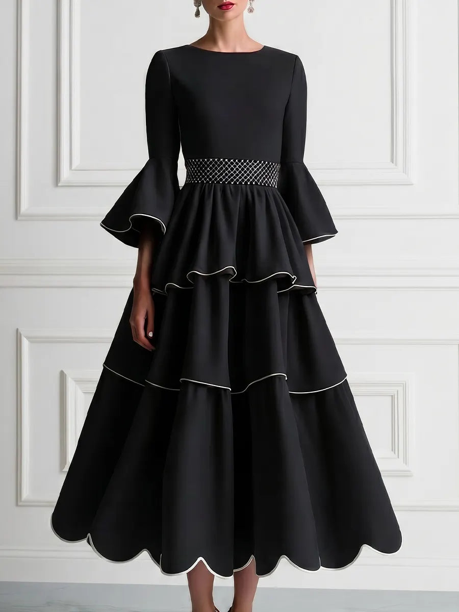 Black A-Line Maxi Dress With Crew Neck And Flared Sleeves