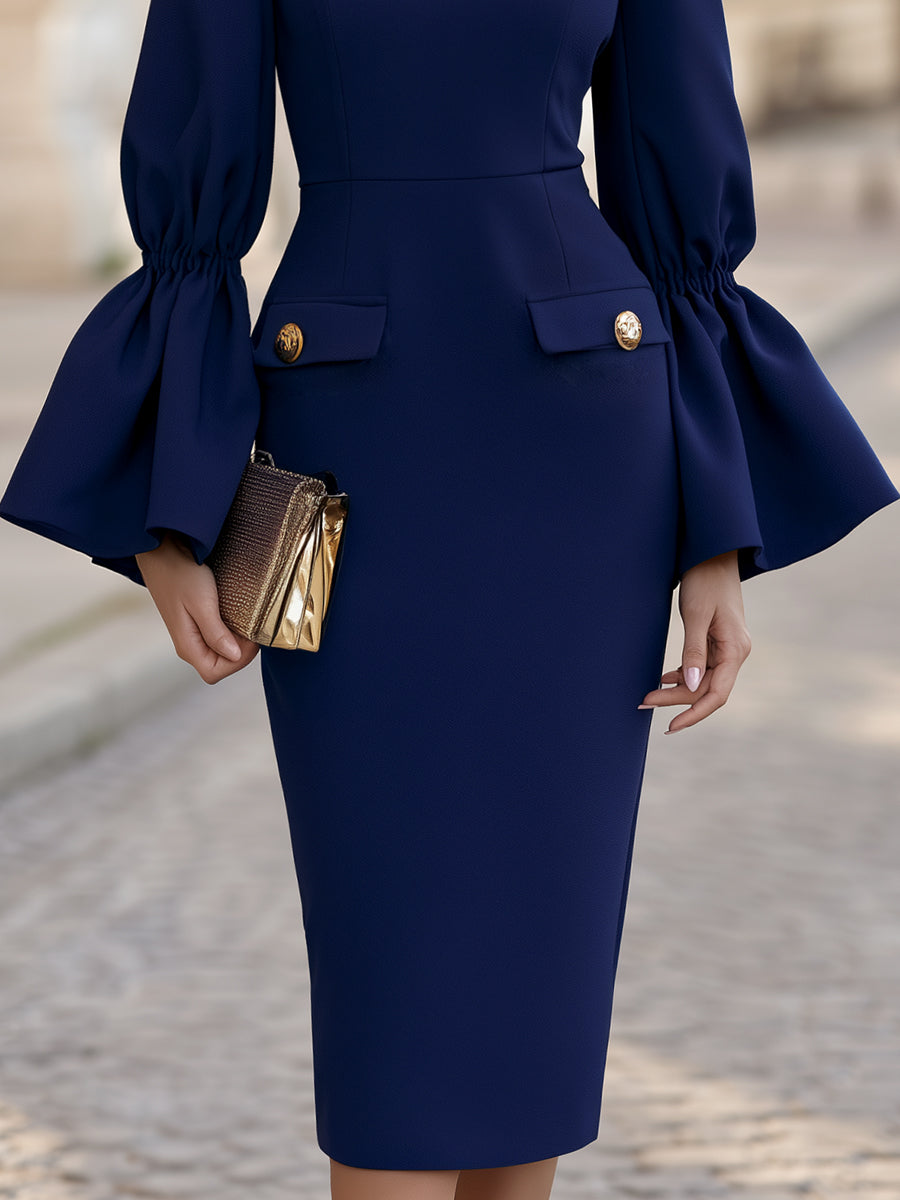 Elegant Long Puff Sleeve Fitted Midi Dress