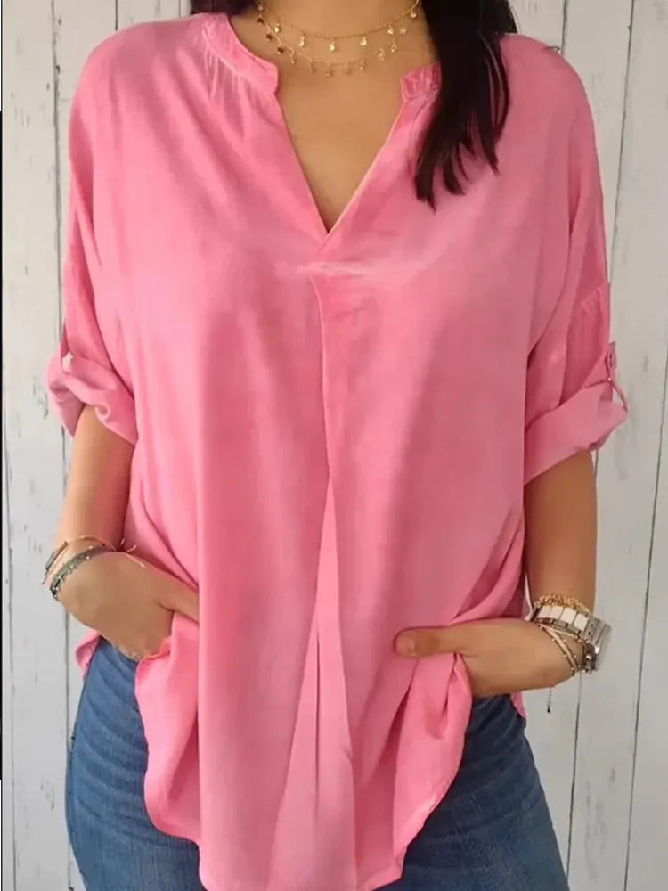 V Neck Linen Blend Loose Fit Casual Shirt