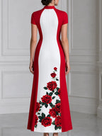 Stand Collar Color Block Red Rose Print Maxi Dress