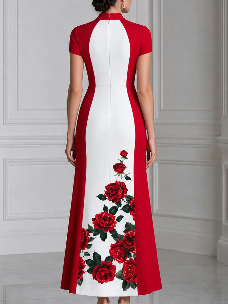 Stand Collar Color Block Red Rose Print Maxi Dress