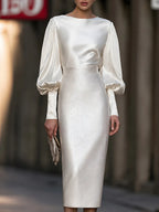Ivory Satin Puff-Sleeve Top & Crocodile-Embossed Pencil Skirt Two-Piece Set
