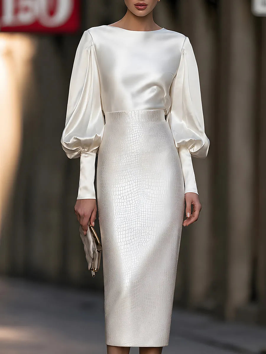 Ivory Satin Puff-Sleeve Top & Crocodile-Embossed Pencil Skirt Two-Piece Set