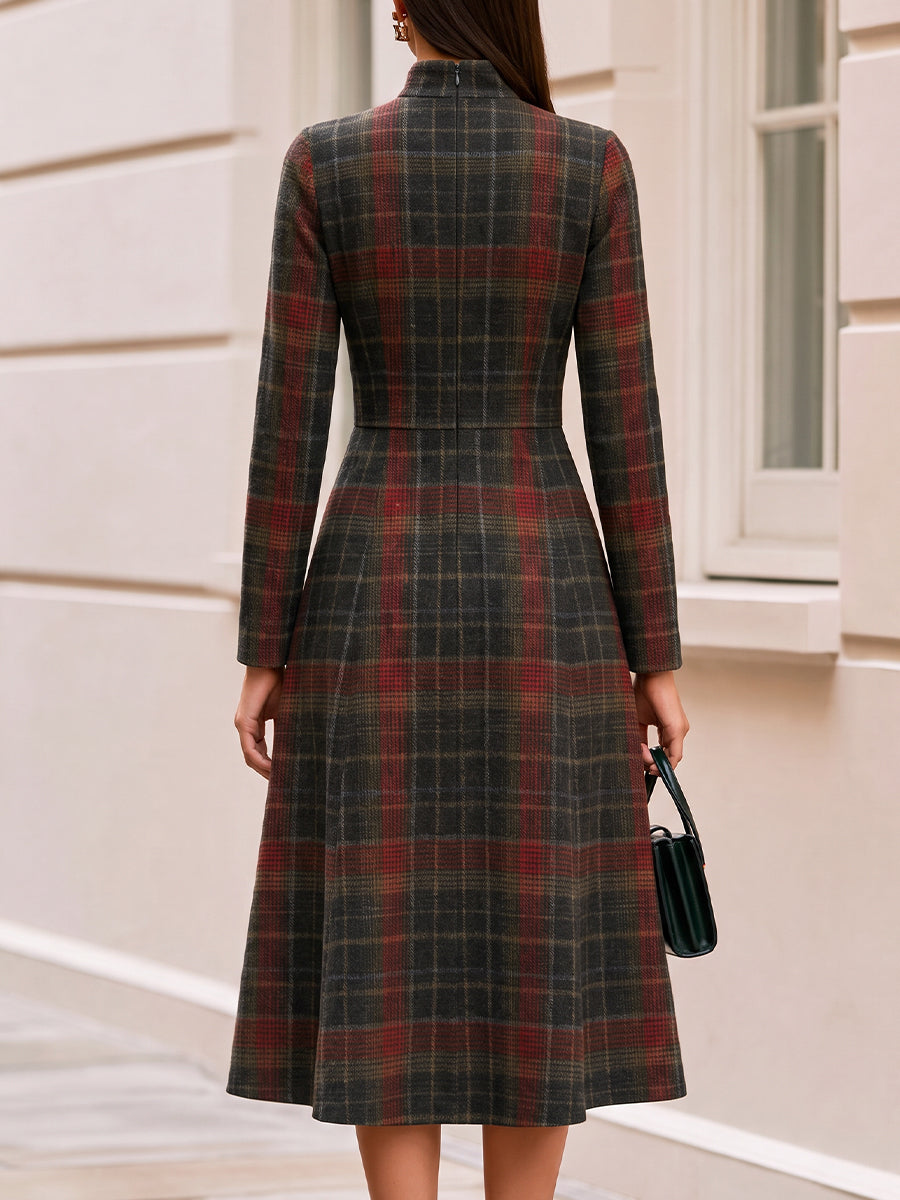 High Neck Long Sleeve Fit & Flare Wool Blend Midi Dress