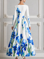 White Watercolor Blue Iris Print Square Neck Long Sleeve A-Line Maxi Dress