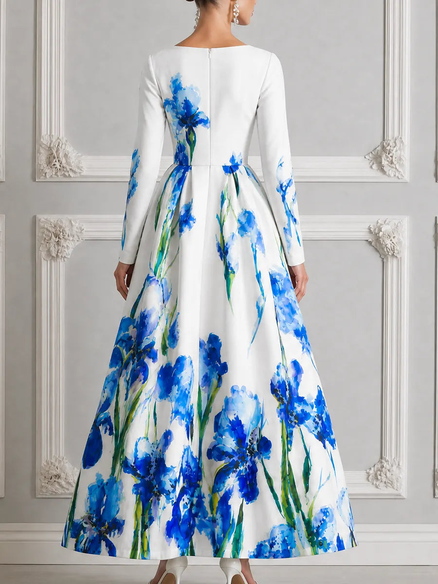 White Watercolor Blue Iris Print Square Neck Long Sleeve A-Line Maxi Dress