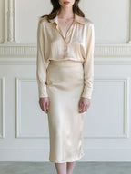 Satin Point-Collar Long-Sleeve Blouse & Bias-Cut Midi Skirt Two-Piece Set