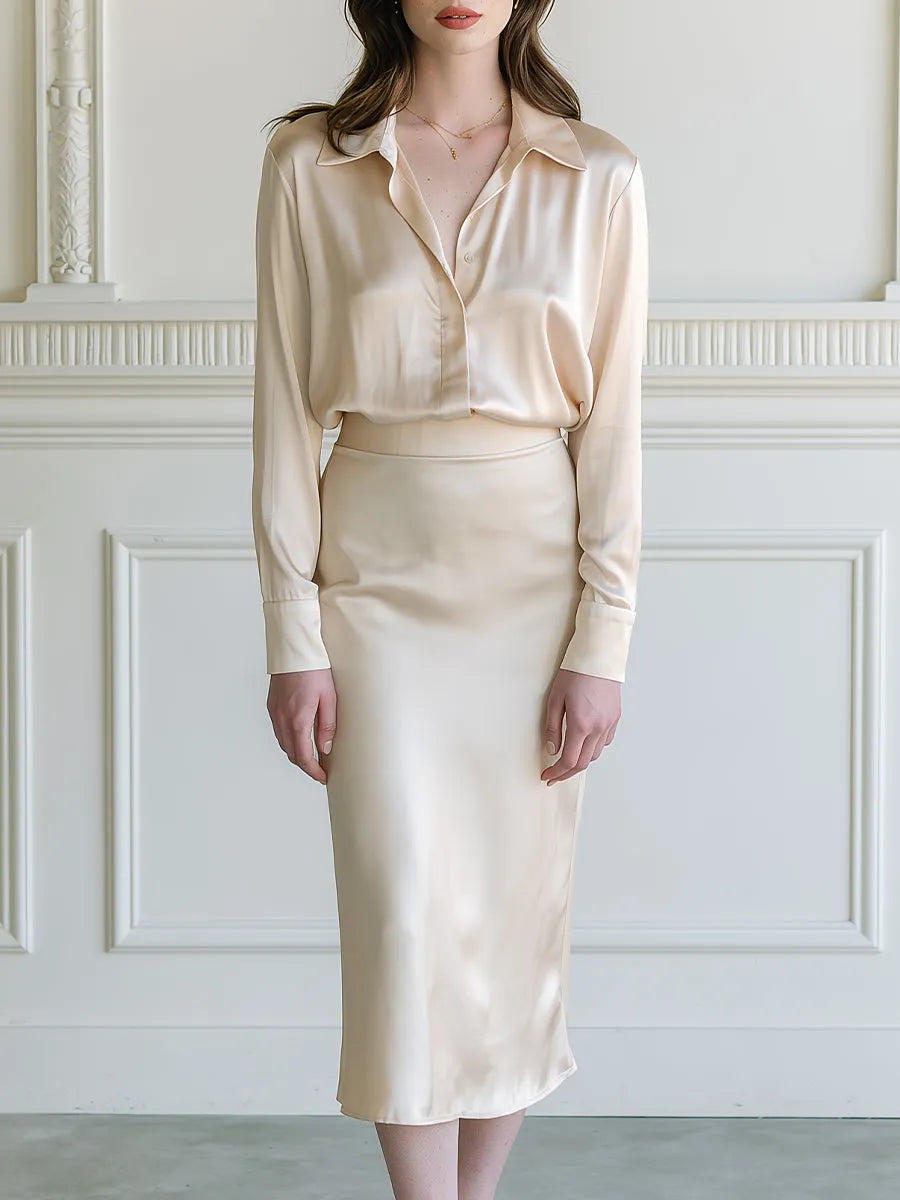 Satin Point-Collar Long-Sleeve Blouse & Bias-Cut Midi Skirt Two-Piece Set