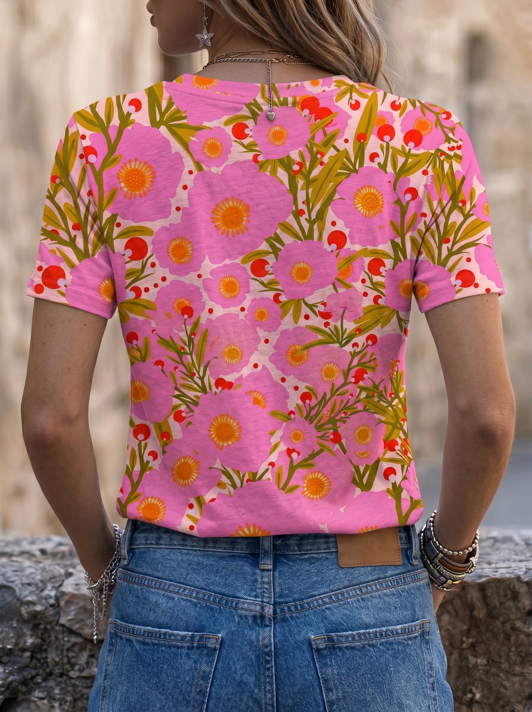 Polka Dot Floral Artistic Print Casual Round-neck Short-sleeve T-shirt