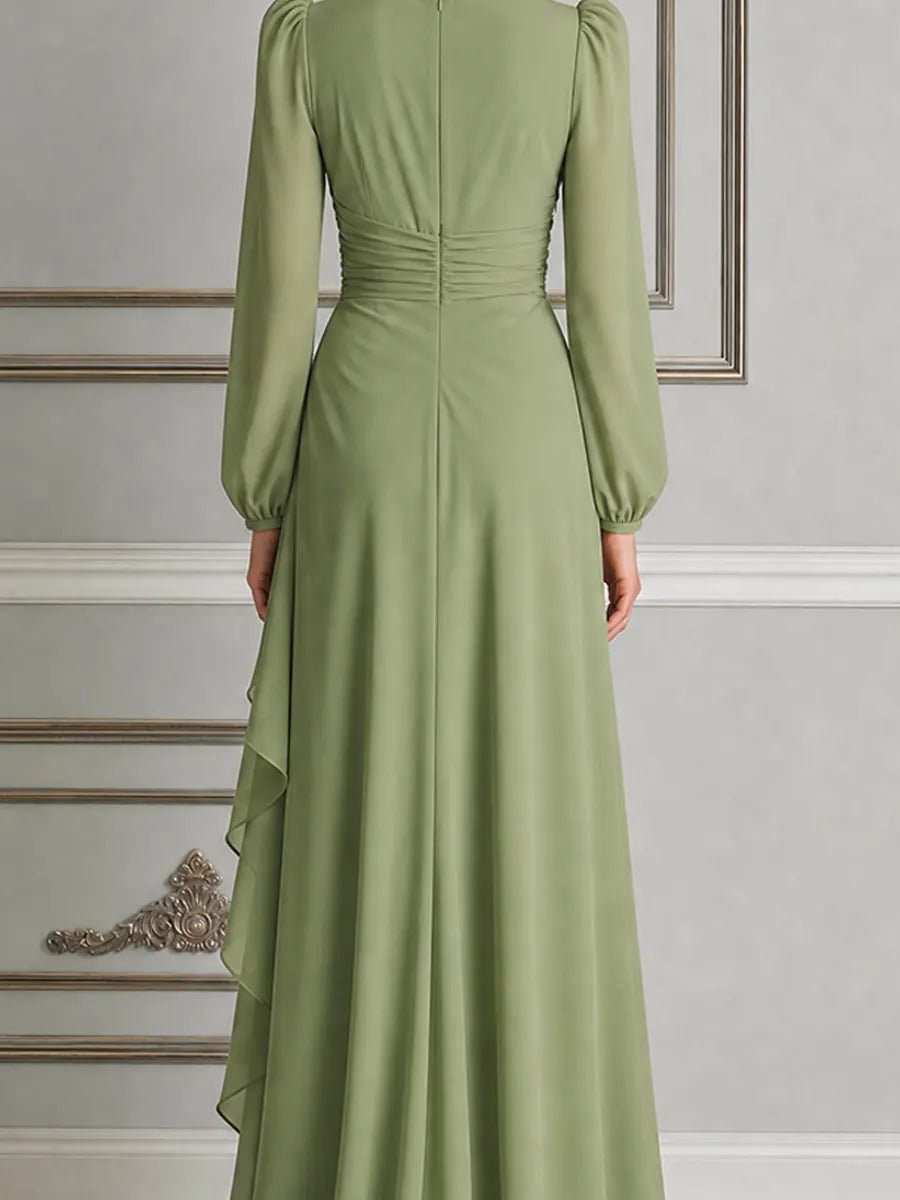 Green Dress Fall Wedding Guest Dress Wrap Ruffle Slit Maxi Dress
