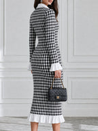 Houndstooth Contrast Collar Ruffle Flounce Cuffs & Hem Midi Dress