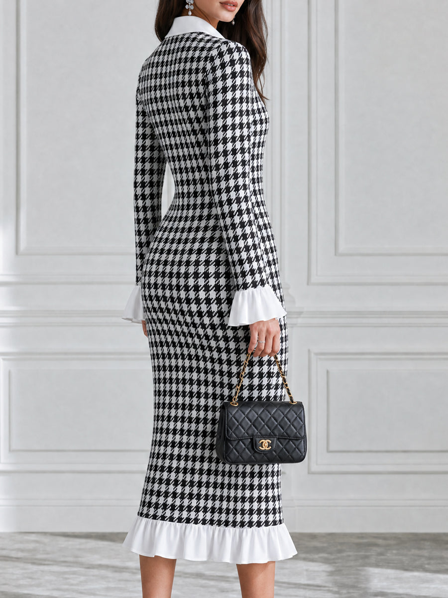 Houndstooth Contrast Collar Ruffle Flounce Cuffs & Hem Midi Dress