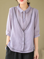 Women's Embroidery Button Down Cotton Linen Casual Shirt