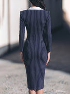 Contrast Collar Pinstripe Midi Dress