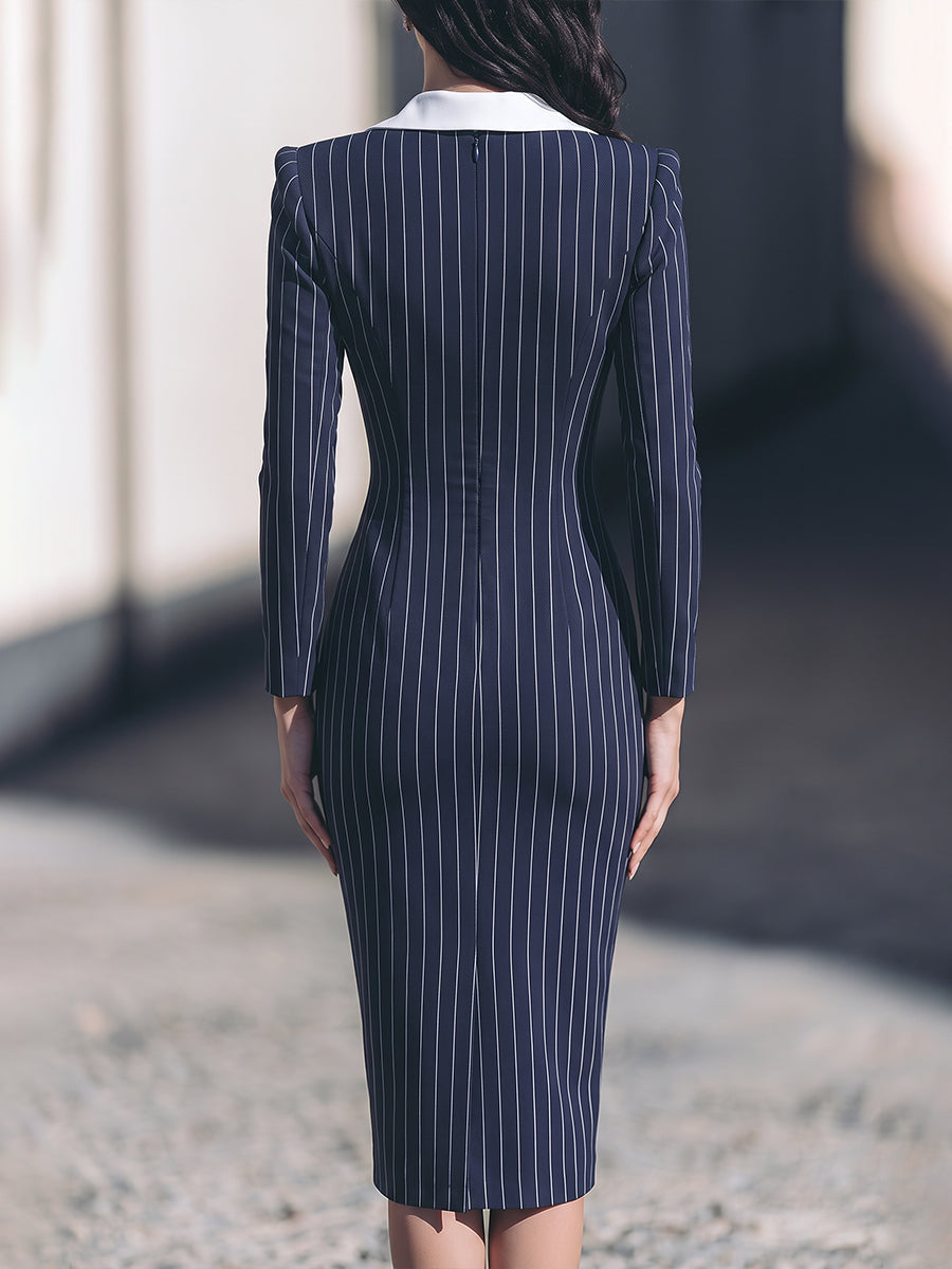Contrast Collar Pinstripe Midi Dress