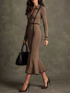 Vintage Taupe Ribbed Knit Contrast Piping Midi Mermaid Dress