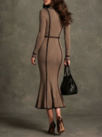 Vintage Taupe Ribbed Knit Contrast Piping Midi Mermaid Dress