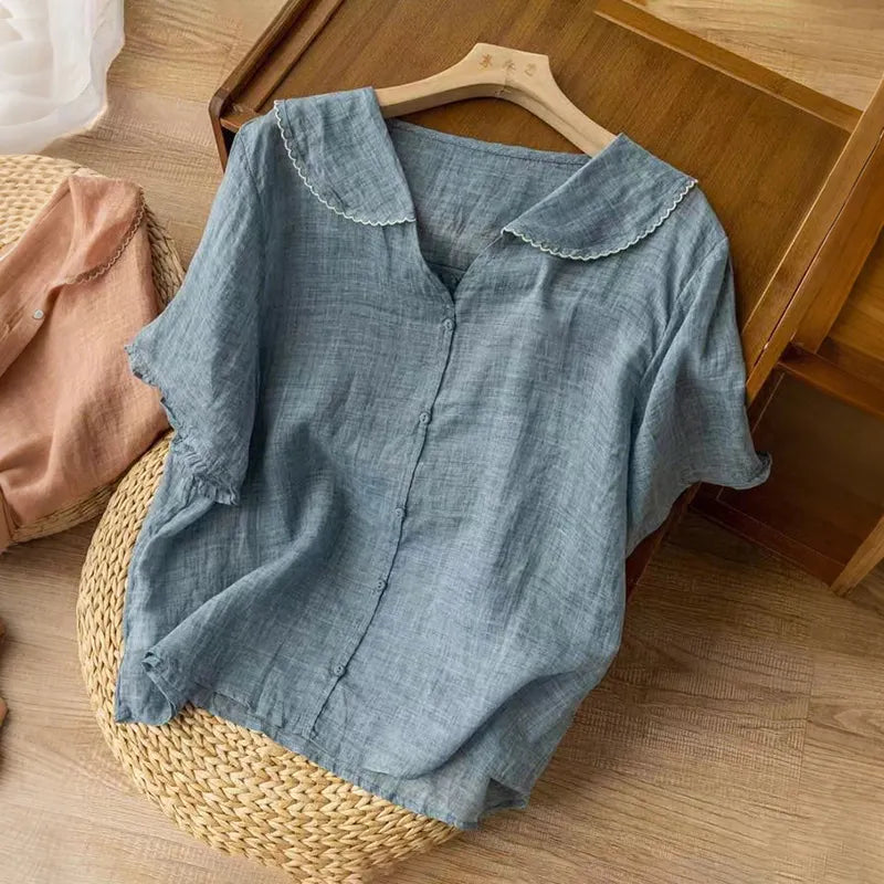 Women's Casual Short-sleeved Sailor Collar Linen Blend Blouse