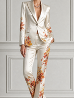 Ivory Fall Wedding Guest Floral Satin Blazer & Flare Pants Set