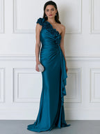 Teal Satin One-Shoulder Floral Applique Draped Evening Gown with Ruffle Slit