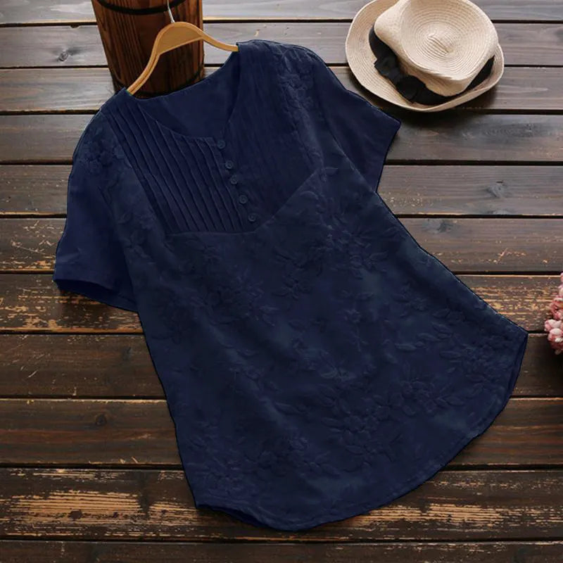 Vintage Lace Floral Pleat Short Sleeve Comfy Blouse