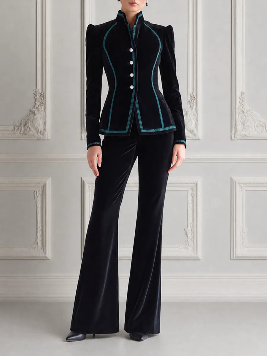 Black Contrast Trim Stand Collar Blazer & Flare Pants Set