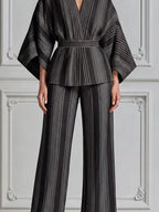 Black Striped Kimono Wrap Top & Wide Leg Pants Set