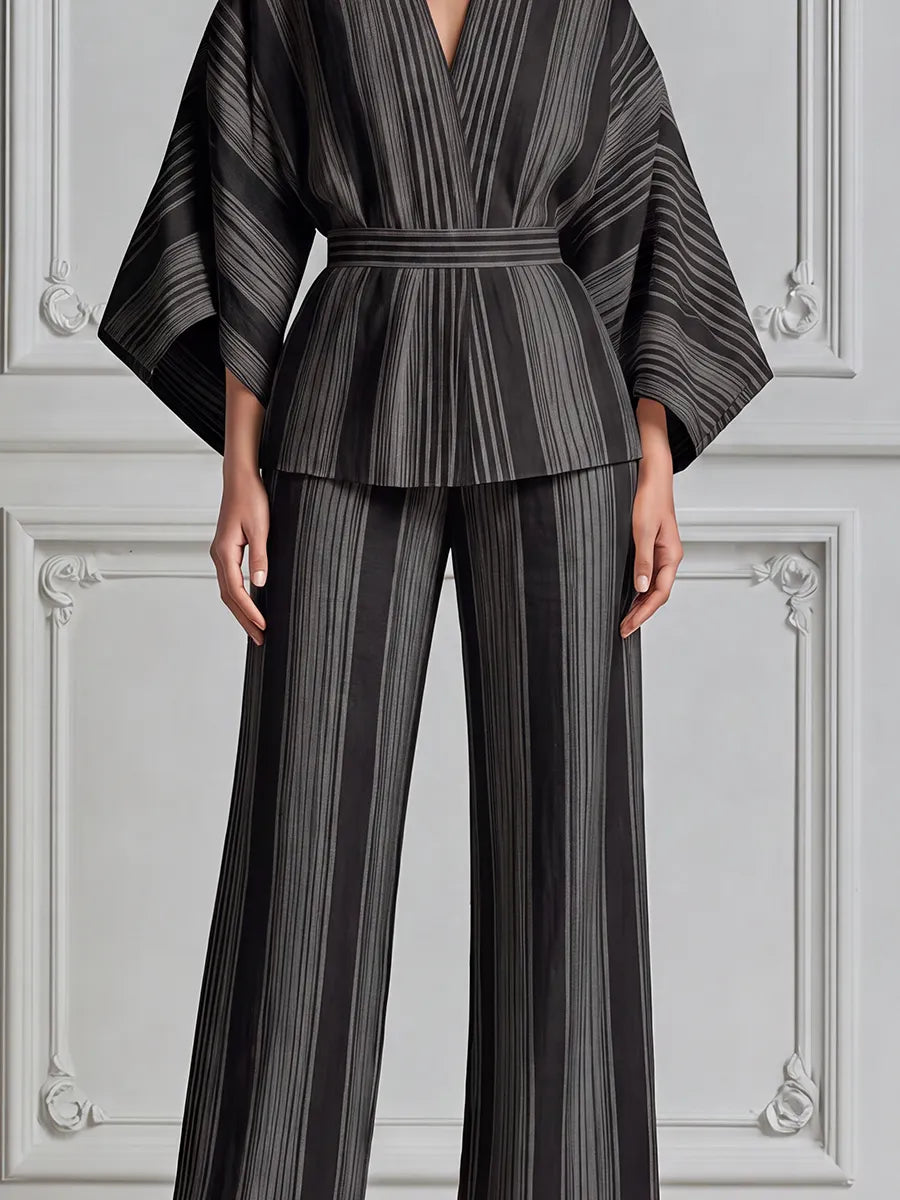 Black Striped Kimono Wrap Top & Wide Leg Pants Set