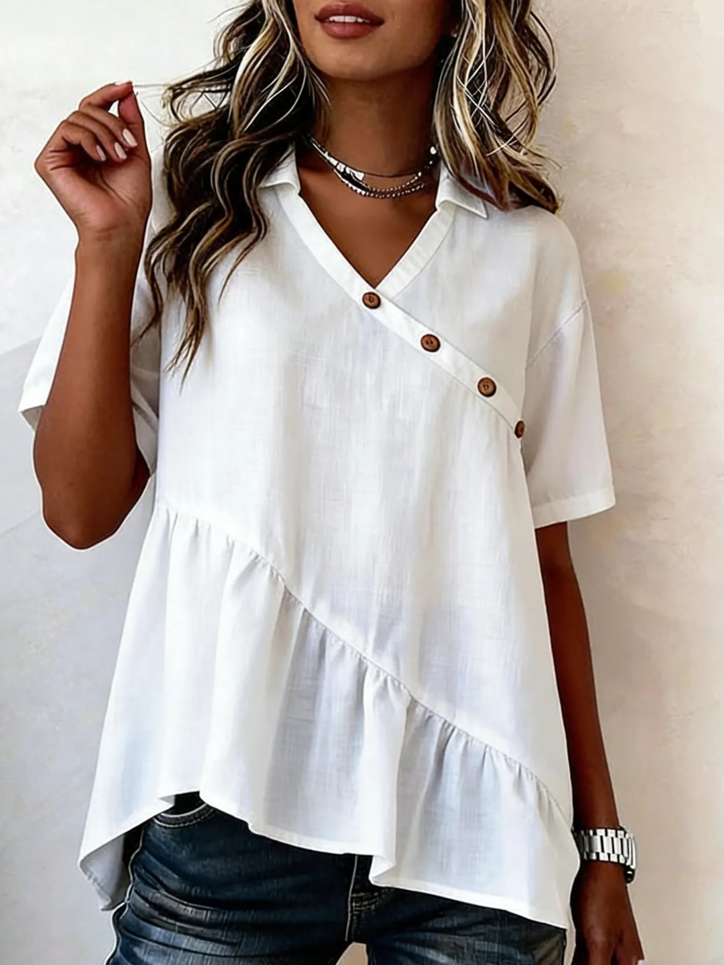 Casual Buttons Ruffled Hem Cotton-linen Shirt Top