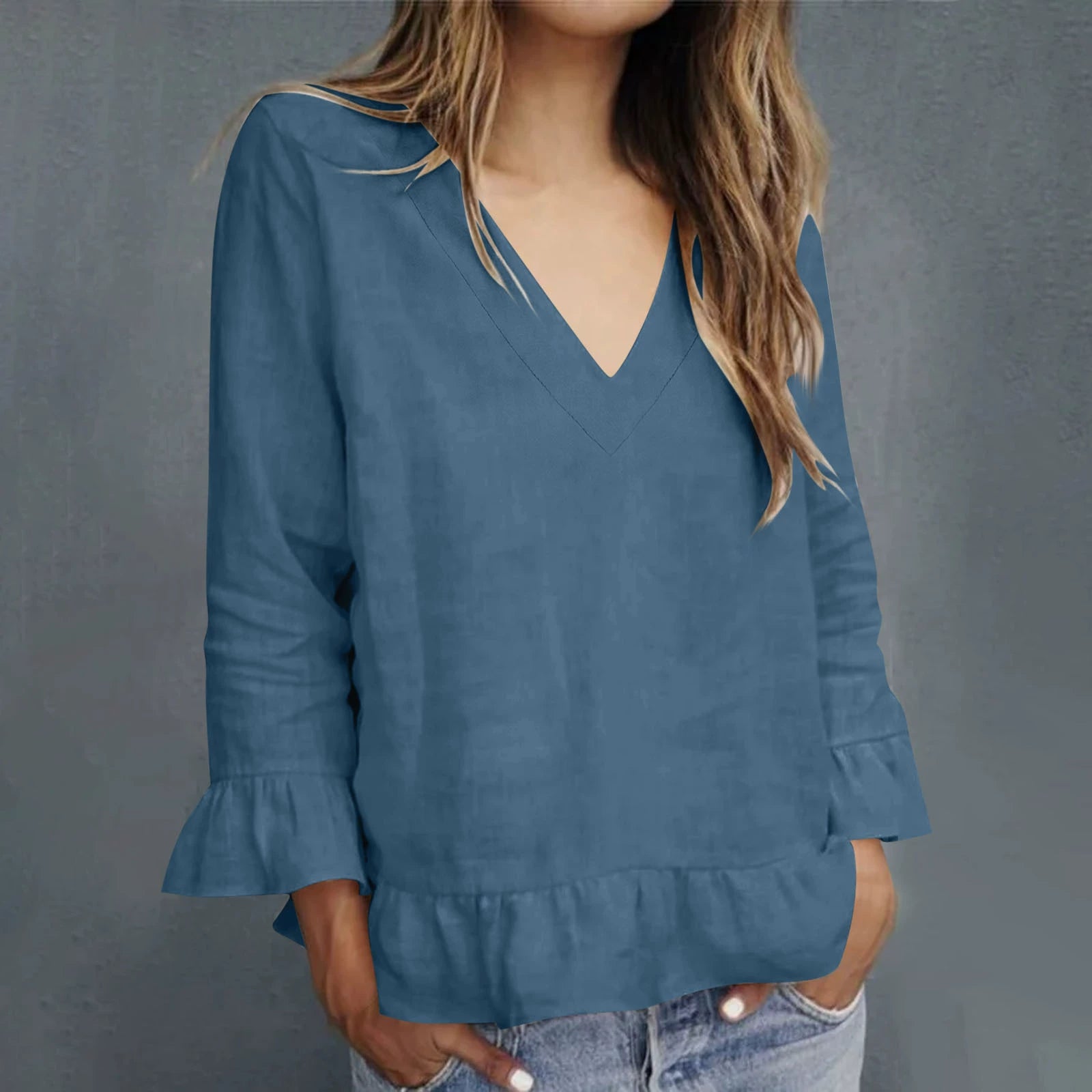 Women's Casual Ruffled V-neck Linen Blend Blouse
