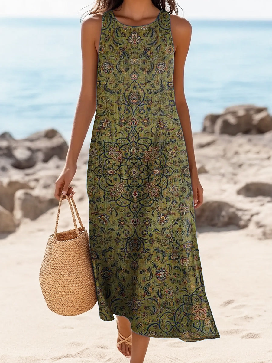 Women's Vintage Ethnic Totem Floral Art Print Sleeveless Cotton Pocket Dress