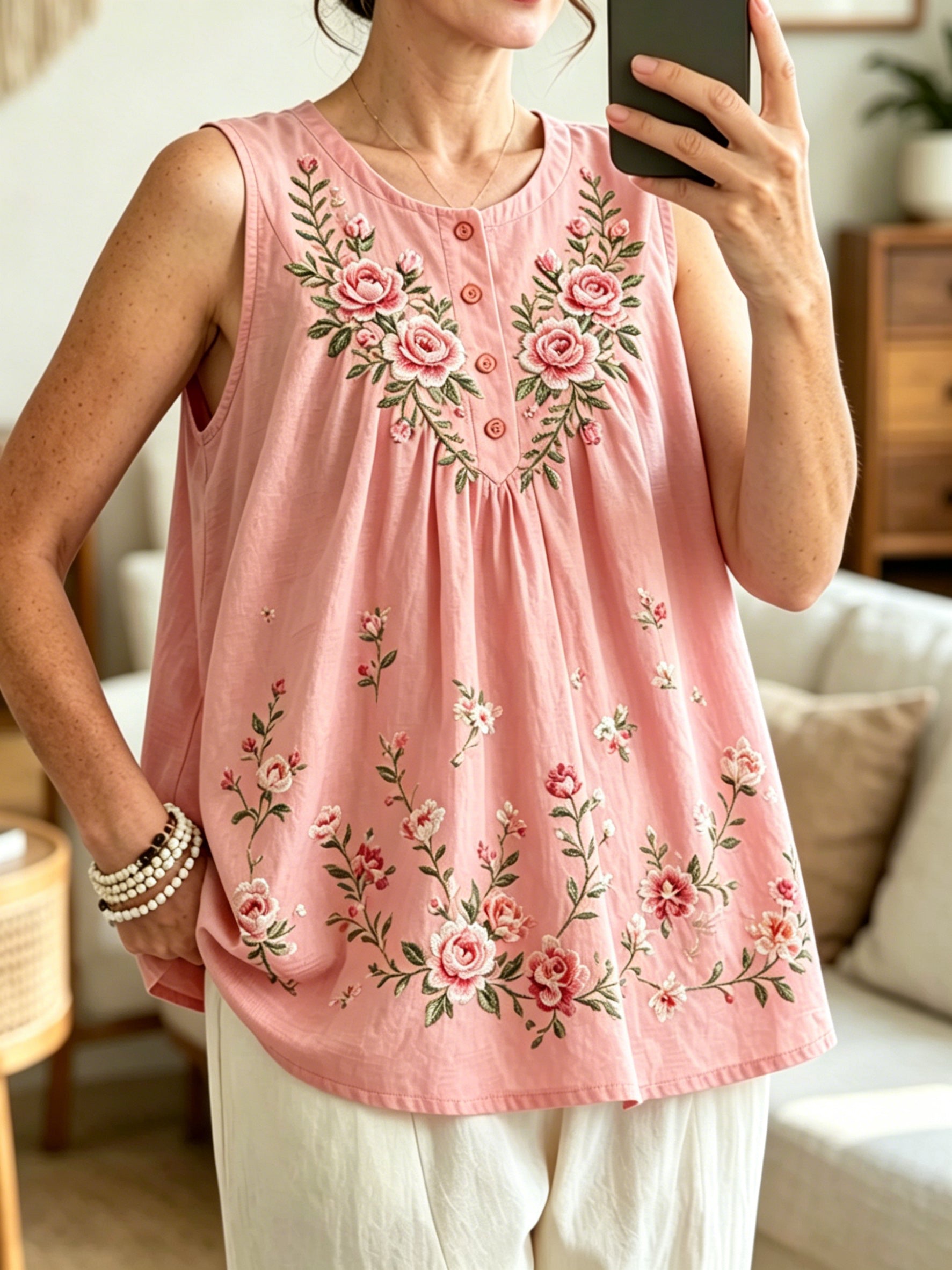 Women's Ethnic Floral Art Print Casual Sleeveless Pleated Linen Shirt