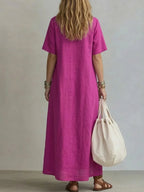 Women's V-neck Short-sleeve Casual Loose Pleated Cotton-linen Dress