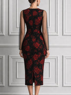 Black Red Rose Print Sheer Sleeve Pencil Midi Dress