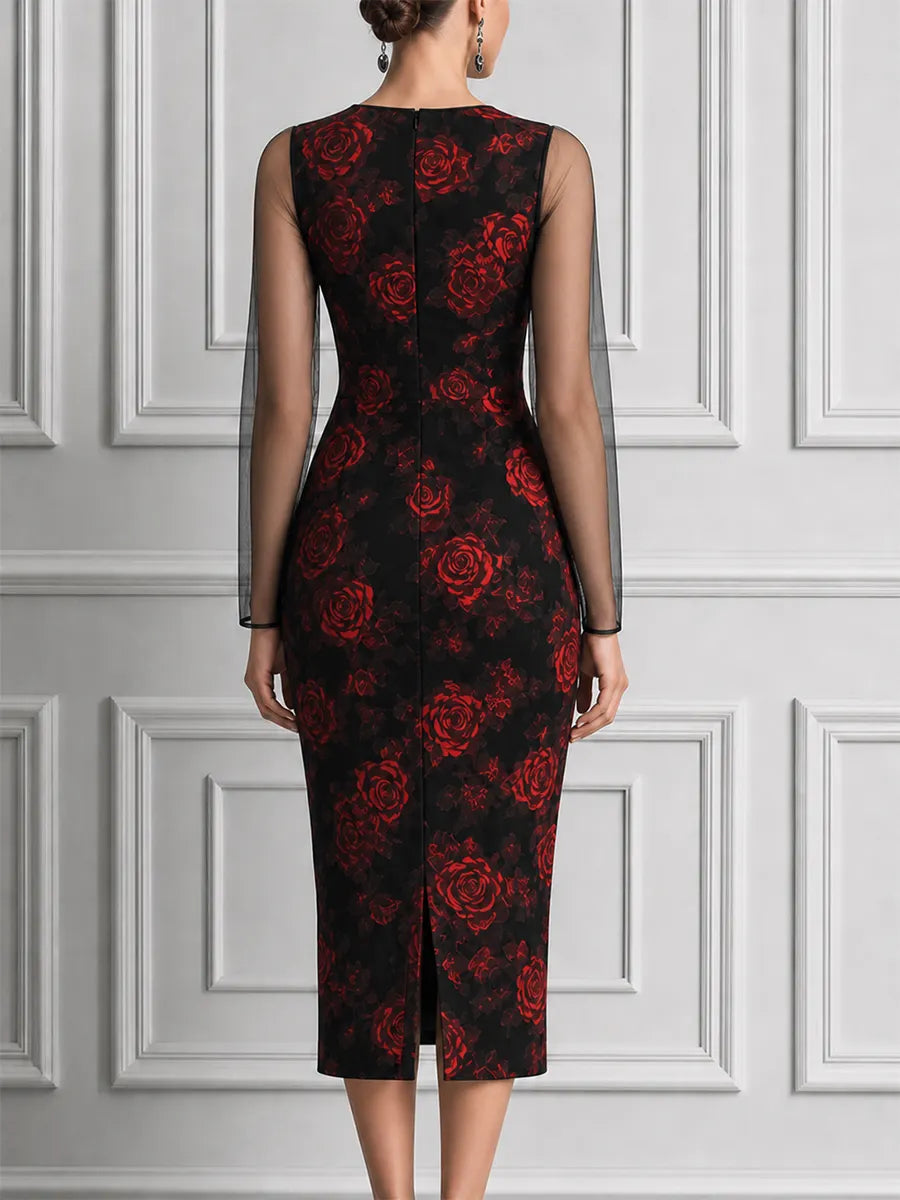 Black Red Rose Print Sheer Sleeve Pencil Midi Dress