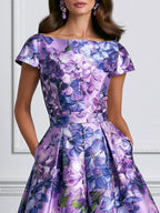 Lilac Hydrangea Print Satin Midi A-Line Dress