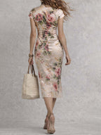 Satin Floral Print Ruched Midi Dress With Side Slit