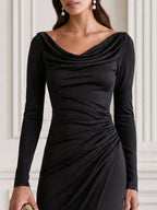 Cowl Neck Long Sleeve Ruched Front Slit Midi Dress