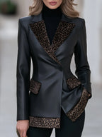 Faux Leather Leopard Velvet Trim Blazer
