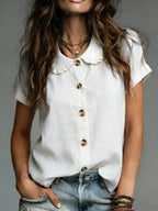 Cozy Minimalist Short-sleeve Peter Pan Collar 100% Cotton T-shirt